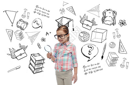 童,学校,教育,学人的快乐的小女孩戴着带涂鸦的放大镜图片
