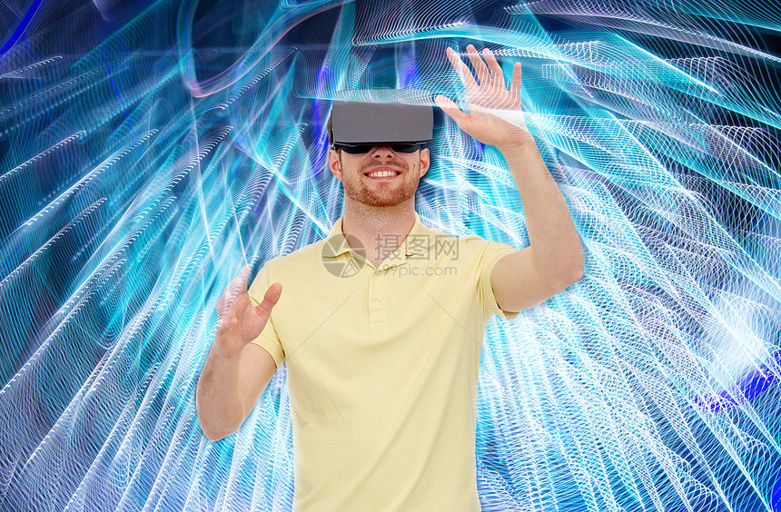 三维技术,虚拟现实,娱乐活动人的快乐的轻人与虚拟现实耳机3D眼镜玩游戏螺旋霓虹灯背景图片