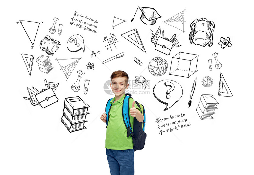 童,学校,教育,学人的快乐的微笑学生男孩与书包与涂鸦图片