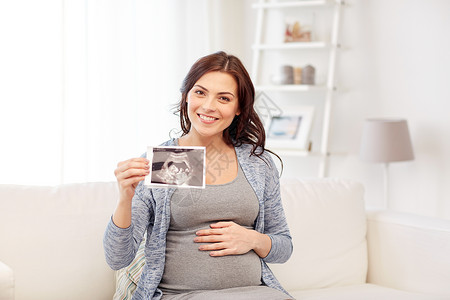 怀孕,母,人医学快乐的孕妇家里着超声波图像图片