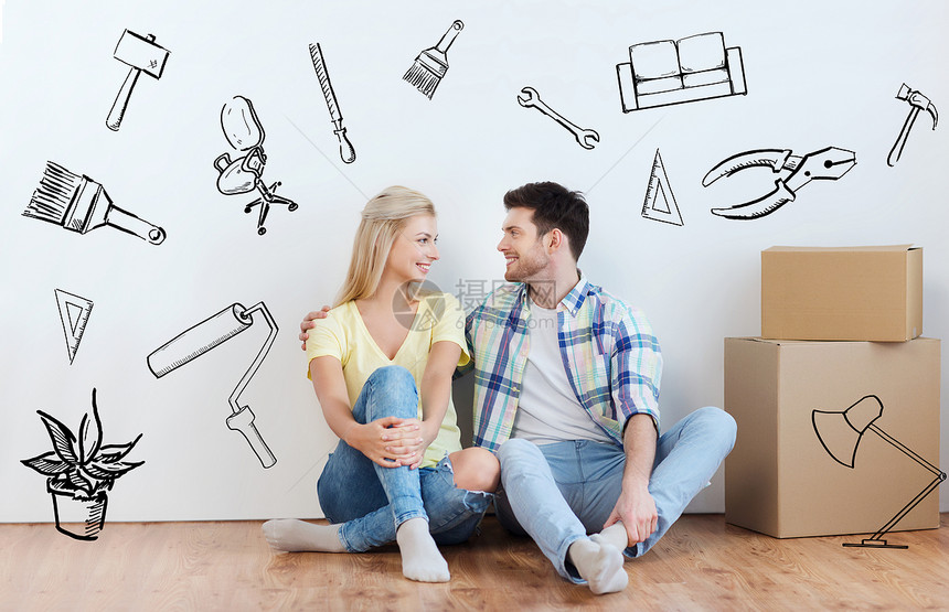 家,人,维修,移动房地产的幸福的夫妇与许多纸板箱坐地板上的新地方超过涂鸦图片
