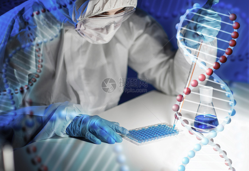 科学化学生物学医学人的用吸管烧瓶制作测试临床实验室研究DNA分子结构的轻女科学家的特写图片