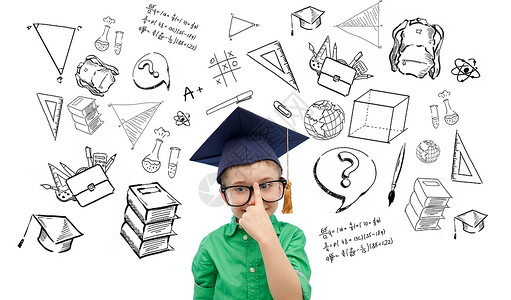 童,学校,教育,学人的快乐的男孩戴着学士帽灰泥板带涂鸦的眼镜图片