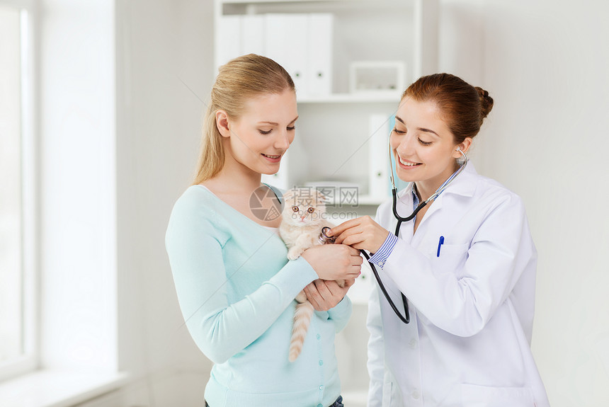 医学,宠物,动物,保健人的快乐的女人兽医医生用听诊器检查苏格兰折叠小猫兽医诊所图片