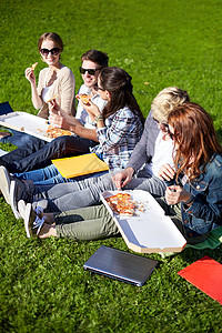 教育,食物,人友谊的群快乐的十几岁的学生吃比萨饼坐草地上图片