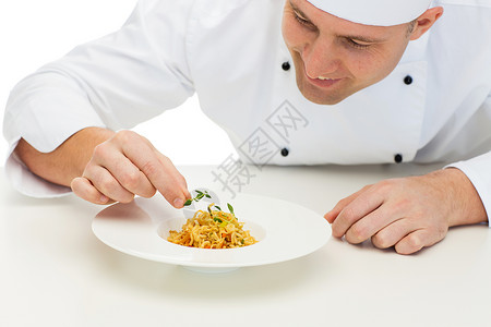 烹饪,专业,高级美食,食物人的快乐的男厨师烹饪装饰菜图片