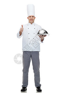 烹饪,职业,手势人的快乐的男厨师着克劳奇,竖大拇指背景图片