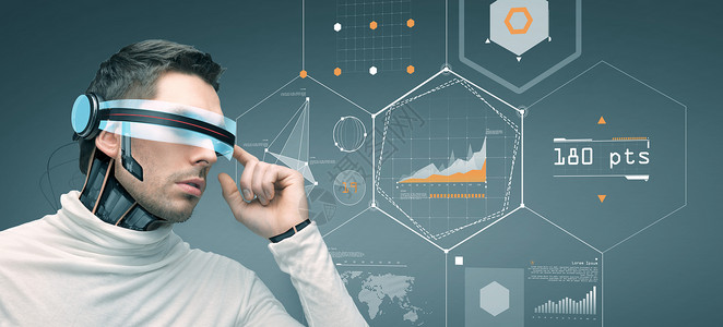 人,技术,未来进步人与未来的3D眼镜微芯片植入传感器灰色背景与虚拟图表图片