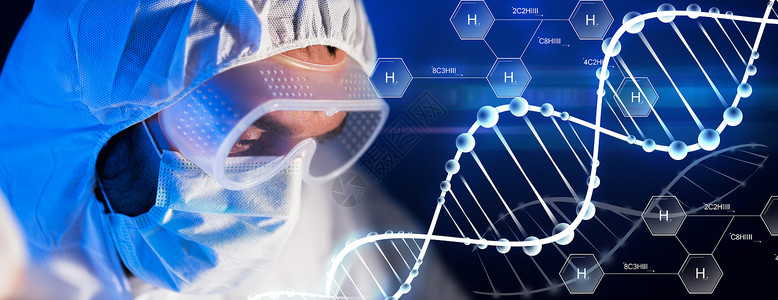 科学化学生物学医学人的化学实验室,科学家氢化学配方DNA分子上戴上护目镜防护罩背景图片