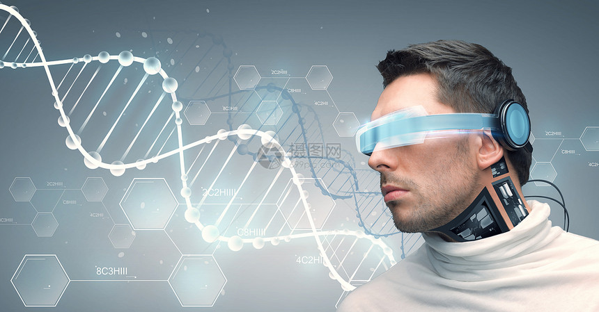 人,技术,未来进步人与未来的眼镜微芯片植入传感器灰色背景DNA分子与化学公式图片