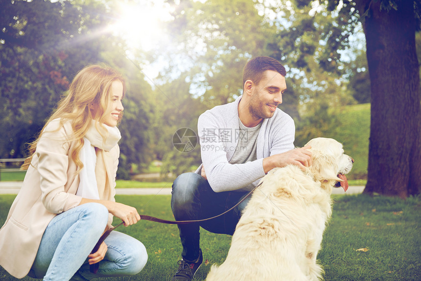 家庭,宠物,动物人的幸福的夫妇与拉布拉多猎犬城市公园散步图片