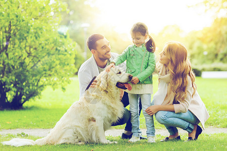 父亲与狗家庭,宠物,家畜人的快乐的家庭与拉布拉多猎犬夏季公园散步背景