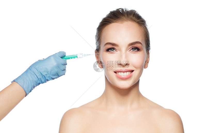 人,美容,整形外科美容美丽的轻女人的脸美容师携手手套与注射器白色背景下注射图片