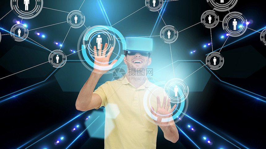 三维技术,虚拟现实,网络,网络人的快乐的轻人虚拟现实耳机3D眼镜触摸屏幕上的接触图标黑色背景激光图片