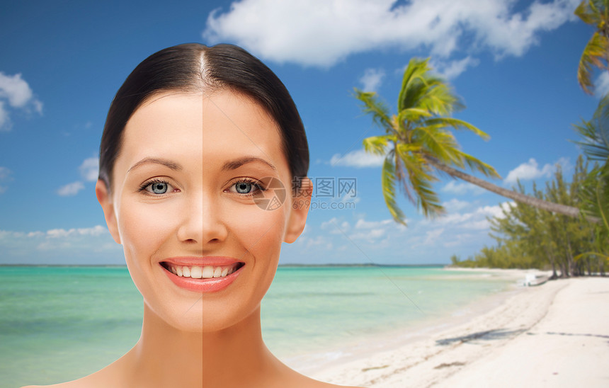 人们,晒黑,旅行暑假的特写美丽的微笑的女人,半张脸晒黑异国情调的热带海滩与棕榈树背景图片