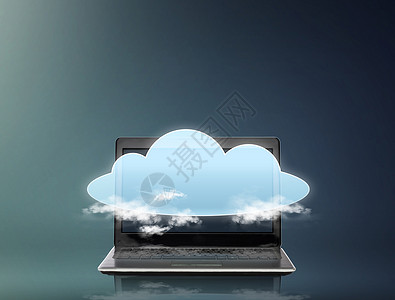 技术,计算电信笔记本电脑与云投影灰色背景图片