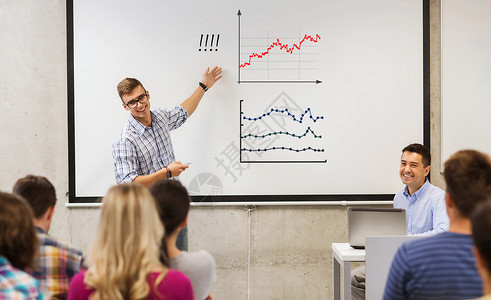 教育高中学技术人的学生站老师同学前遥控器,教室的白板上图表背景图片