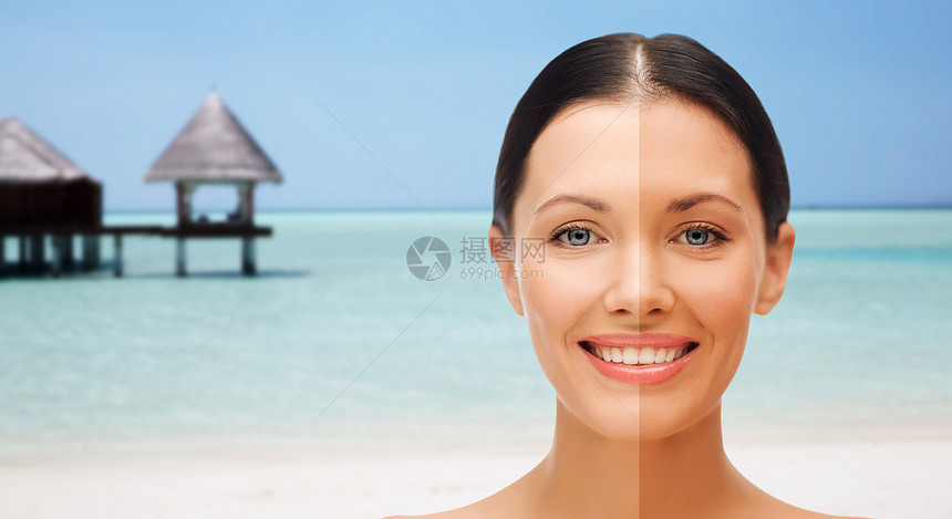人们,晒黑,旅游暑假的近距离的美丽微笑的女人,半张脸晒黑异国情调的热带海滩与平房背景图片