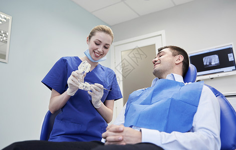 人,医学,口腔科保健快乐的男牙医下巴布局给男病人牙科诊所办公室图片