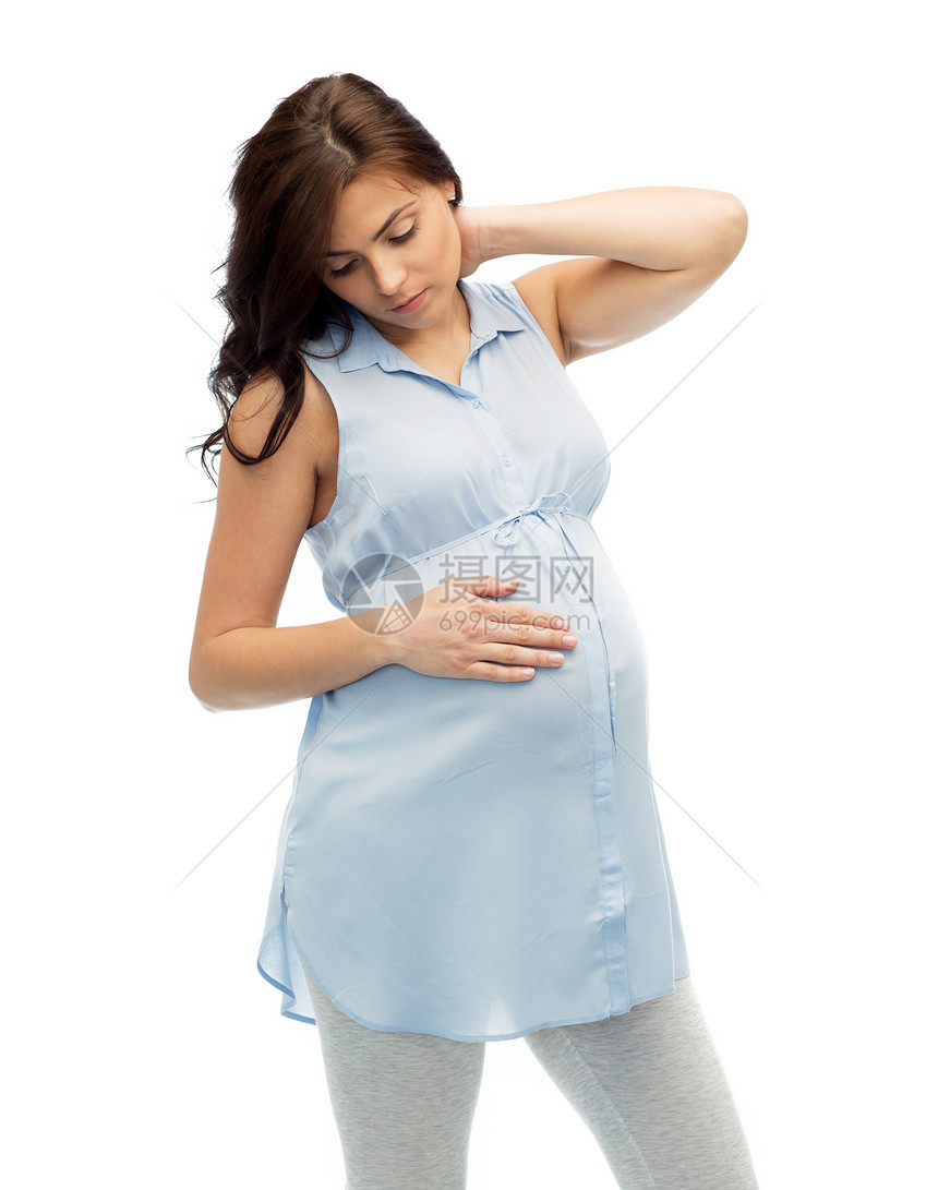 怀孕,健康,人期望孕妇床上触摸她的背部,并遭受颈部疼痛的白色背景图片