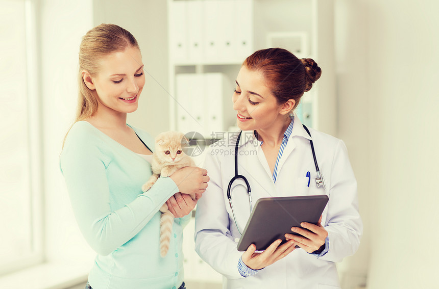 医学,宠物,保健,技术人的快乐的妇女兽医医生与平板电脑检查苏格兰折叠小猫兽医诊所图片