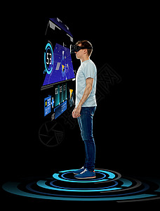 领航员黑色三维技术,游戏,增强现实,网络人的快乐的轻人虚拟现实耳机3D眼镜与GPS导航器投影黑色背景背景