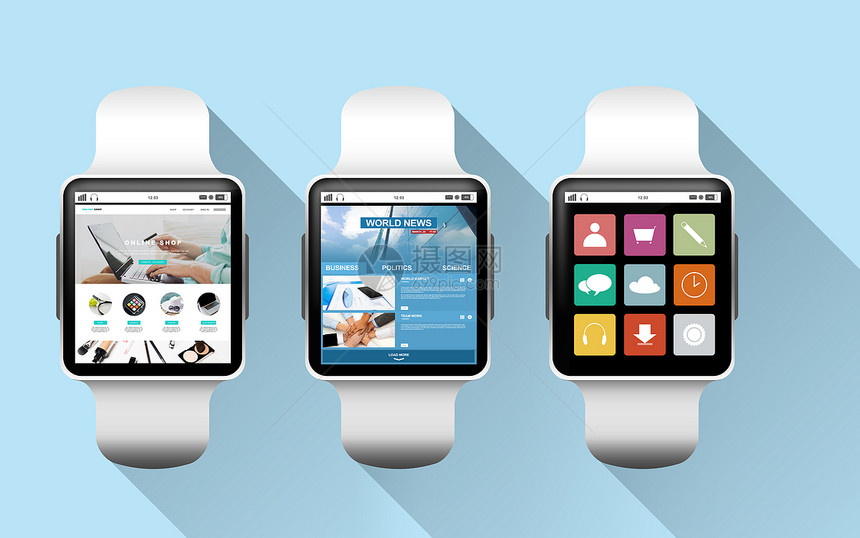 现代技术,象媒体黑色智能手表与应用屏幕上的蓝色背景图片