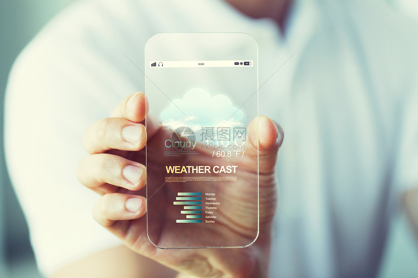 商业,技术,天气铸造人的密切的男手持透明的智能手机与METEO预测图片