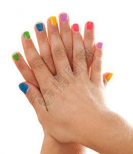 女的手,彩色的指甲,隔离白色上用彩色指甲的手图片