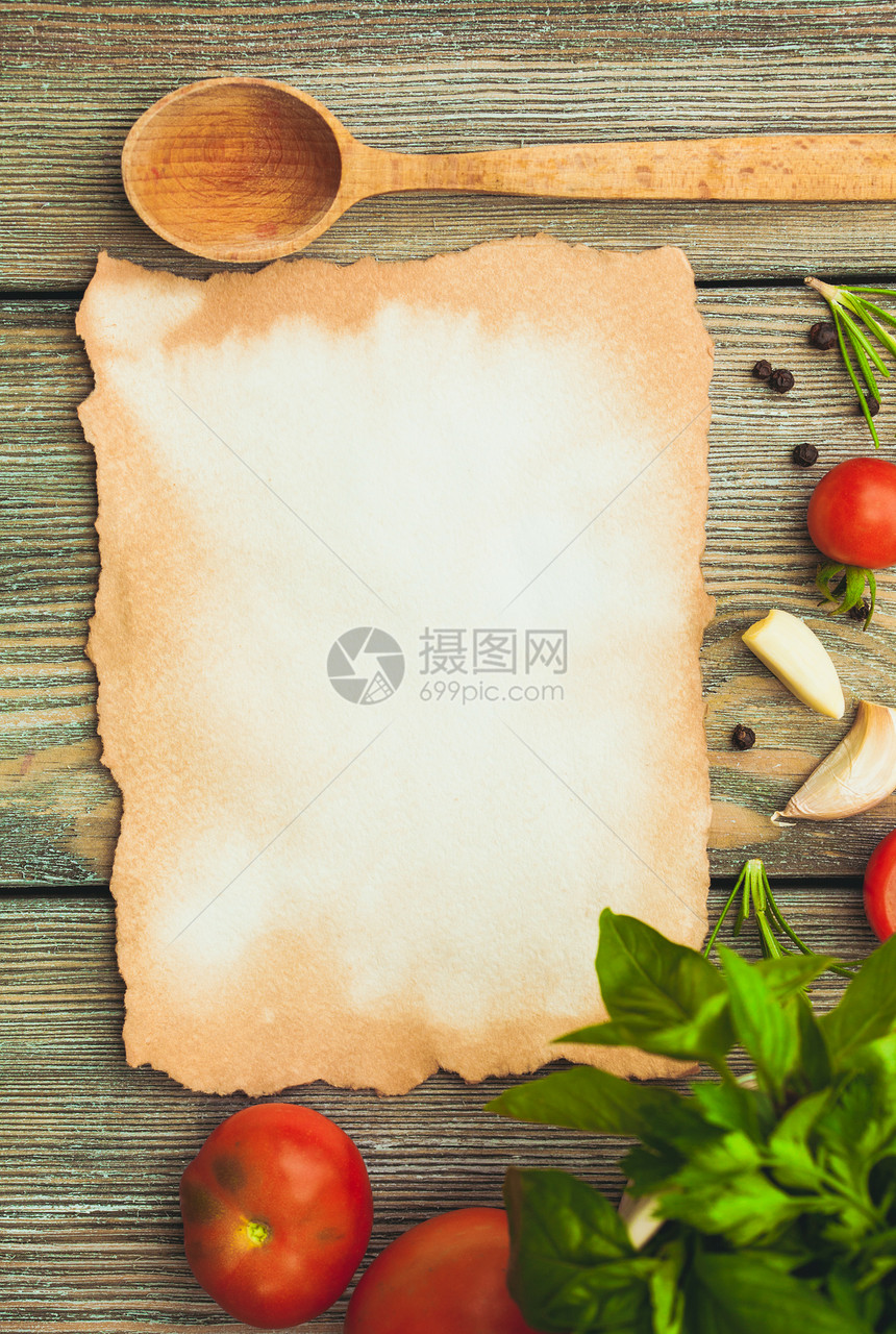 空白的旧纸,的食谱与配料木制勺子桌子上意大利食谱图片