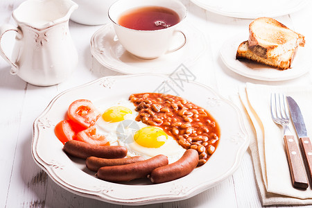 英式早餐鸡蛋,香肠豆子,茶牛奶高清图片