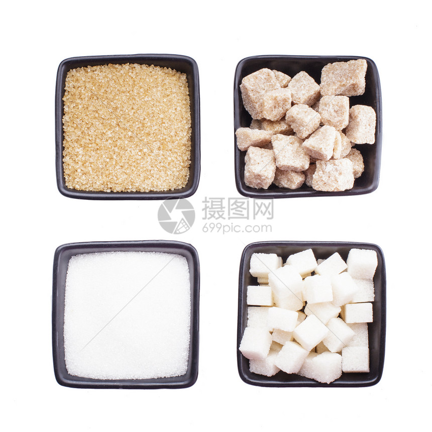 白色隔离的黑色碗中的糖类型白色的糖类型图片