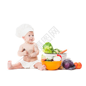 婴儿厨师帽子玩蔬菜隔离白色小厨师厨师图片