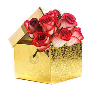 金色礼品盒白色玫瑰花礼品盒玫瑰花背景图片
