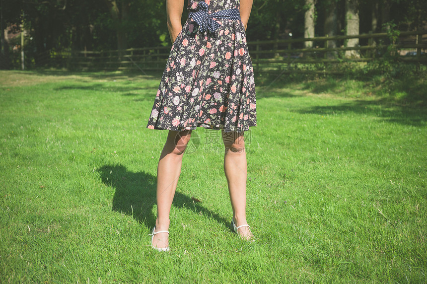 个穿着连衣裙的轻女人夏天站篱笆附近的田野里图片