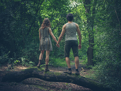 轻的夫妇牵着手,站森林里的根原木上图片