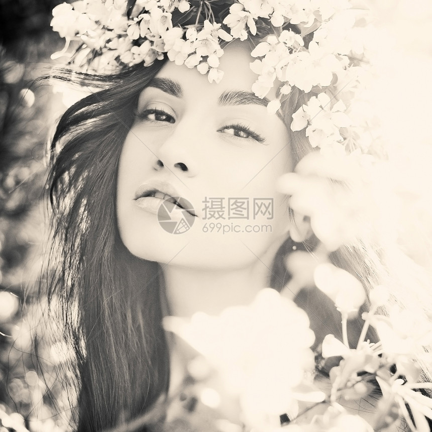 黑色白色的肖像,美丽的浪漫女士花环的苹果树图片