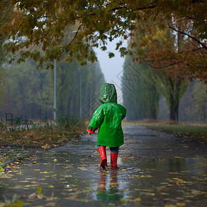 雨中行走孩子婴儿秋天的雨公园散步背景