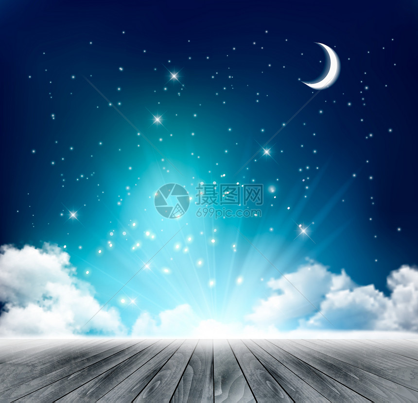 美丽神奇的夜晚背景与月亮星星矢量图片