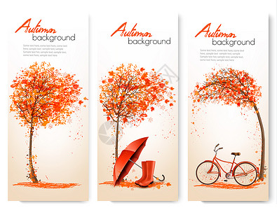 秋天的自然,五颜六色的树,自行车雨伞矢量图片