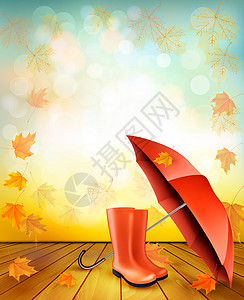 秋天背景带雨伞雨靴矢量图片