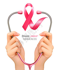 乳腺癌意识手着个带粉红色丝带的听诊器矢量图片