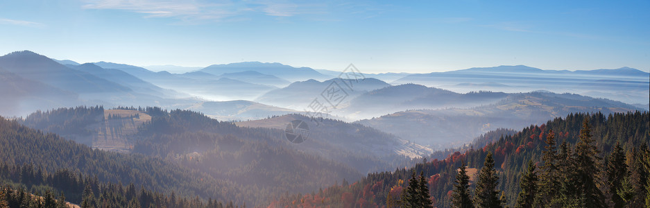 印光大师早晨的薄雾山上日出秋雾笼罩着群山乌克兰喀尔巴阡山脉背景