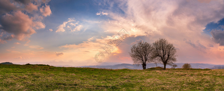 阳光明媚的春天晚上四月的喀尔巴阡山日落图片