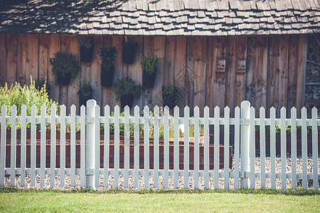 白色的篱笆前个带植物的木棚高清图片