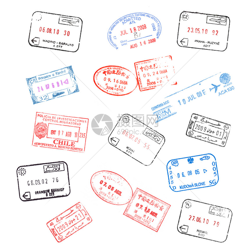 套白色背景的各种护照签证邮票图片