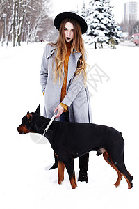 冬天公园里的轻女人狗玩得很开心图片