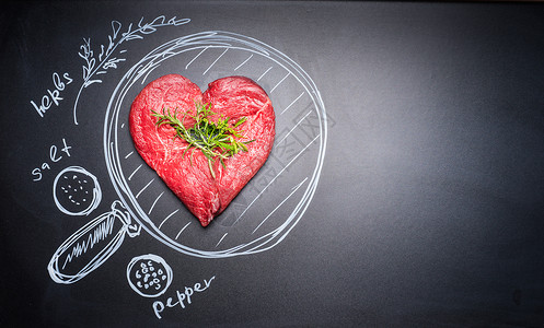 心形牛排心形切碎的肉黑色黑板上涂油漆的锅配料,顶部的视图,文字的位置吃肉的人食客背景