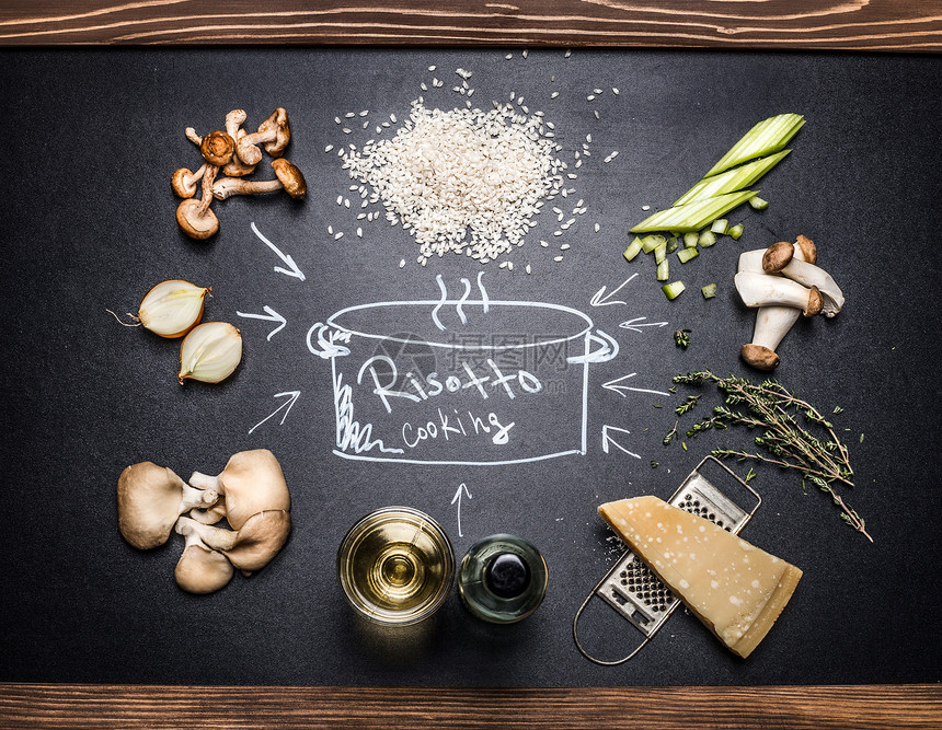 蘑菇意大利烩饭的烹饪原料,用手绘深色黑板上意大利食物图片