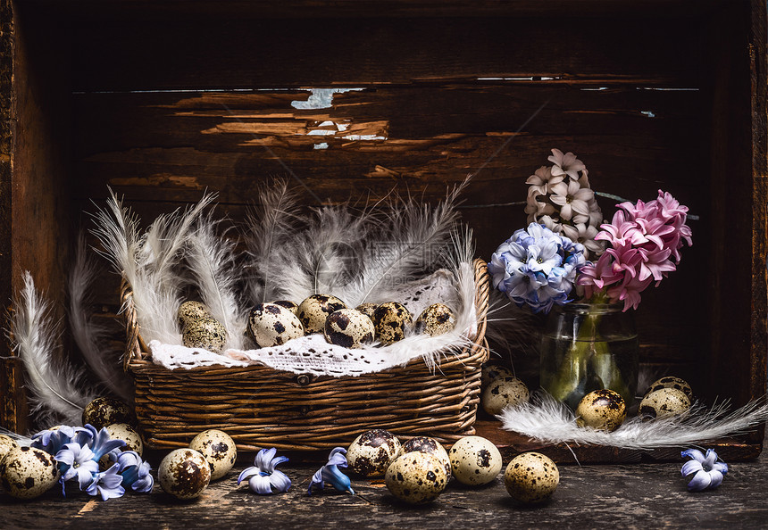 篮子里鹌鹑蛋羽毛,春花风信子老式的木桌上,背景古朴,侧观看复活节贺卡图片